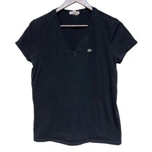 LACOSTE Black V Neck Short Sleeve Tee Shirt T-Shirt 100% Cotton Men's Size 44 L